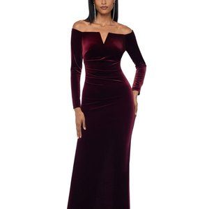 XSCAPE Womens Maroon Long Sleeve Off Shoulder Evening Sheath Dress